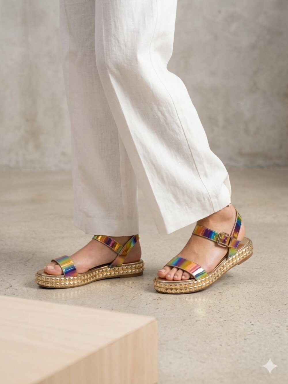 Bamboo Women's Iridescent Buckled Ankle Stud Wedges